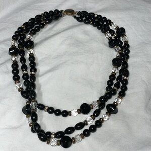 Vintage gold tone cut crystal black glass multi strand clip slide button clasp